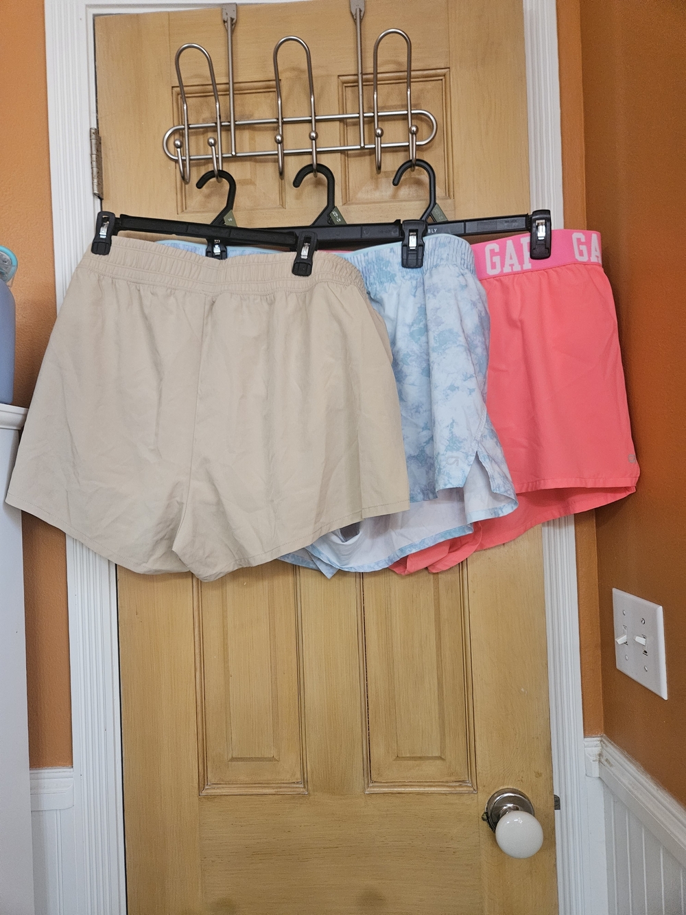 GAP Women’s Athletic Shorts Trio in Coral, Light Blue Tie-Dye, and Khaki
